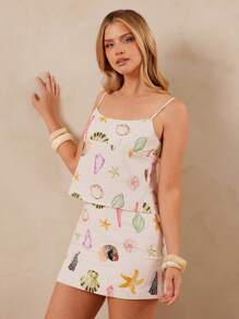 L'Amorae 女士贝壳亚麻海滩印花吊带背心露背上衣波西米亚风夏季度假套装 - 彩色 - 查看 5