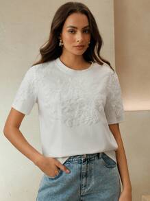 Anewsta Blusa/Camiseta de mujer de verano con ajuste holgado, elegante, con parche bordado y cuello redondo - Blanco - Ver 4