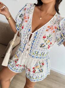 Easura 大码女式花卉印花圆领短袖蝴蝶结前襟上衣和短裤两件套度假套装 - 彩色 - 查看 5