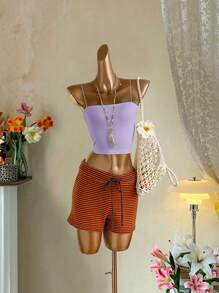 SHEIN EZwear 女士紫色紧身短款吊带背心，休闲，适合夏季