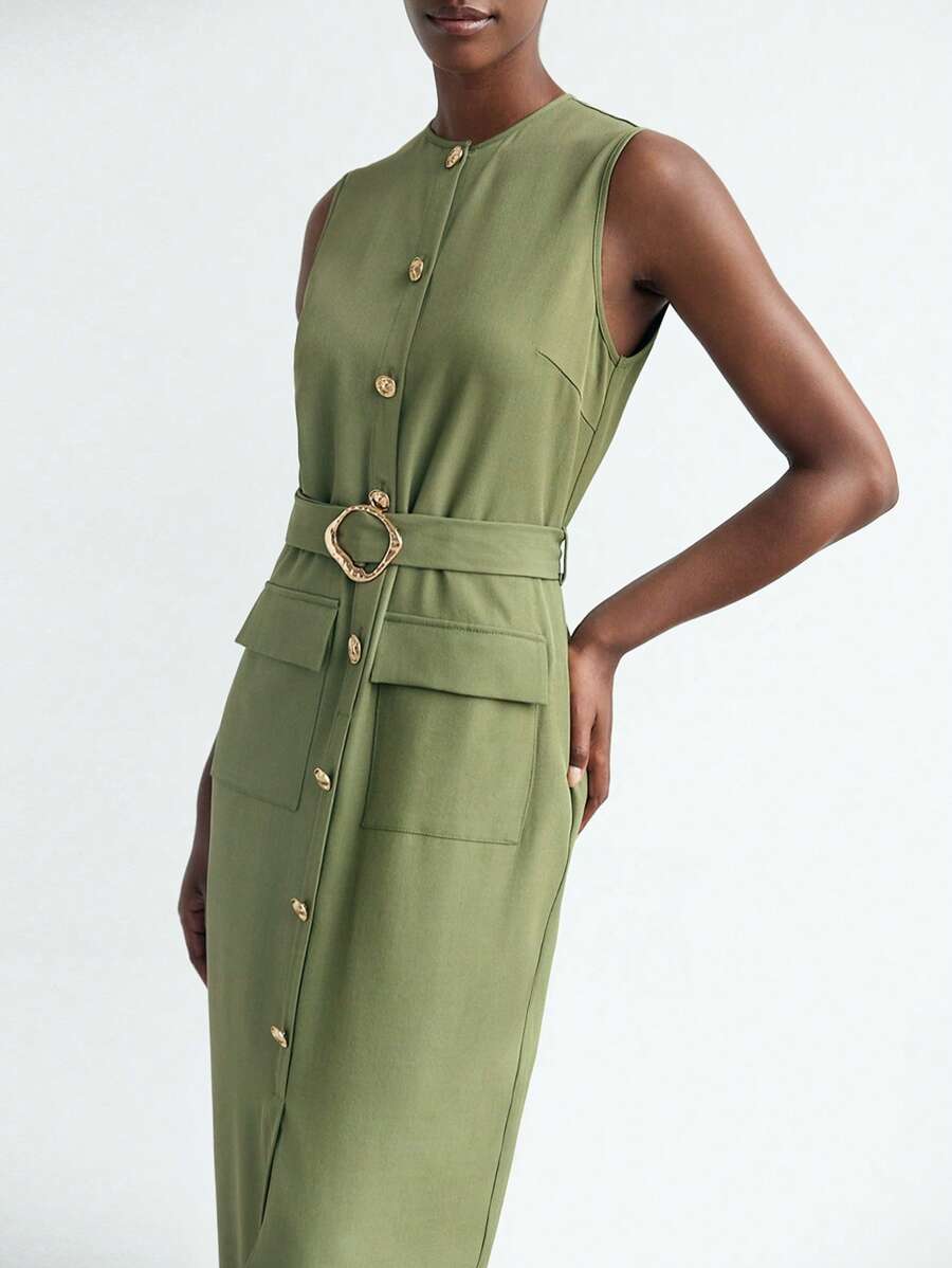Maija Rochie elegantă de vară pentru femei, fără mâneci, cu nasturi în față, în culoare solidă - Verde Armată - Vizualizare 1