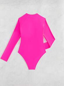 SHEIN Swim SPRTY 1 pieza Traje de baño de una sola pieza para mujer con diseño de cremallera, unicolor y parches en color neón - Rosa Fucsia - Ver 3