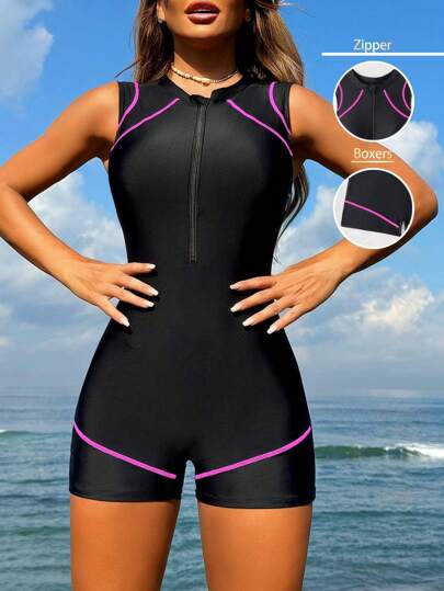 Swim SPRTY Zwarte ronde hals casual sport jumpsuit wetsuit met rits voor dames