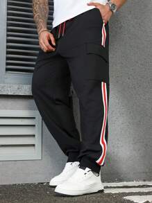 Manfinity Homme Men's Red & White Striped Contrast Side Zipper Pocket Drawstring Waist Sports Pants - Black - View 3