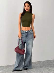 SHEIN PETITE Camiseta corta con cuello de tortuga - Verde militar - Ver 7