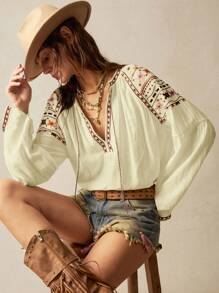 Bohemela Vacation Casual Retro Style Embroidered V-Neck Loose Women Blouse - Mustard Yellow - View 4