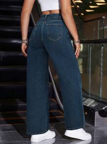 Jeanoix Casual Washed High Waist Straight Leg Jeans - Blue - View 2