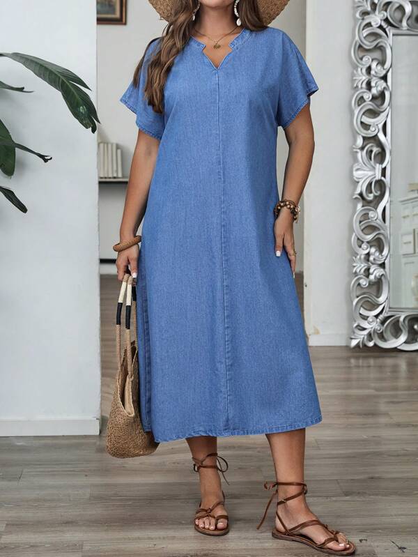EMERY ROSE Vestido vaquero casual de manga corta y cuello en V para tallas grandes
