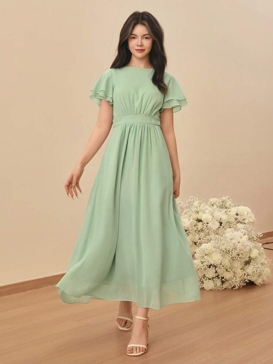 SHEIN 优雅青少年简约时尚圆领短袖高腰长款雪纺绿色连衣裙，适合夏季婚礼、花童、毕业典礼、女孩