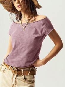 Bohemela Women Solid Color Crew Neck Fitted Washed T-Shirt Summer - Pink - View 3