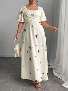 Modelyn Đầm Maxi Tay Phồng In Hoa Thanh Lịch Cổ Vuông Thời Trang Mùa Hè Cho Nữ Cỡ Lớn - Đỏ - Xem 5