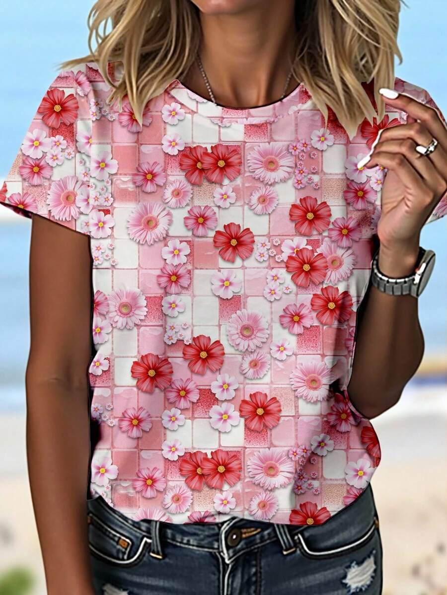 EMERY ROSE 百搭修身休闲简约花卉印花圆领宽松女式 T 恤 - 彩色 - 查看 1