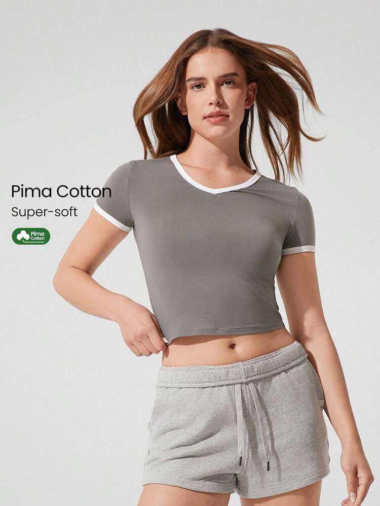 Polo corto de algodón pima de cuello en V con bloque de color y bajo elástico, suave y elástico, apto para gimnasio, yoga, pilates, barra, uso diario casual y relajación