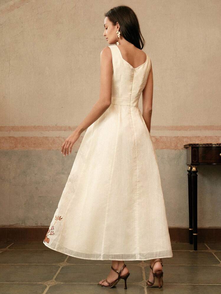 Anewsta Váy yếm thêu hoa lãng mạn thanh lịch cho nữ, trang phục xuân/hè - Màu be - Xem 2