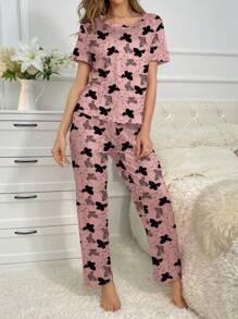 SHEIN Butterfly Print Women's Crew Neck Short Sleeve T-Shirt & Long Pants Pajama Set - Multicolor - View 4