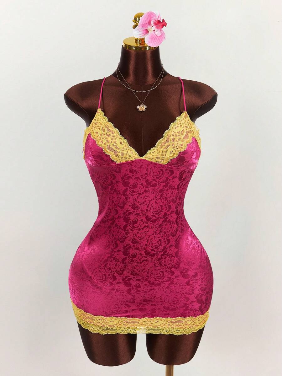 Amplova Fairycore Wedding Guest Dress Women Lace Patchwork Jacquard Bodycon Mini Dress