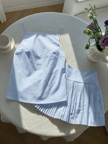 Comfortcana 2件套女士浅蓝色休闲吊带上衣和百褶裙，夏季 - 淺藍色 - 查看 4