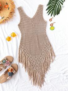 女士夏季海滩度假流苏下摆钩针披肩、流苏连衣裙 - 灰色 - 查看 2