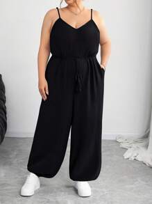 SHEIN CURVE+ 大码黑色卡哇伊服装女式连体裤，踝带连体裤女士沙滩装/沙滩裙/沙滩度假装/沙滩必需品/毕业/茶会礼服夏季/乡村/沙滩度假装/沙滩装/沙滩装 - 黑色 - 查看 6