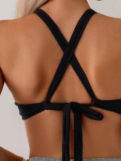 SHEIN Swim Top de bikini minimalista casual de mujer de un solo color con tirantes cruzados en la espalda