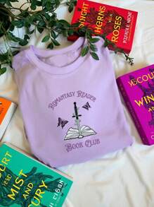 浪漫奇幻书籍T恤 / 奇幻浪漫书籍周边 / 书籍爱好者周边 / 书籍T恤 / 刺绣书籍周边 / 浪漫书籍女士T恤 - 紫色 - 查看 3