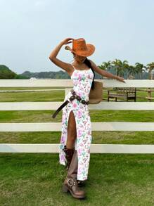 Muchica 女式休闲宽版西部牛仔波西米亚印花高开衩细肩带连衣裙，适合夏季、度假、春假、女生旅行