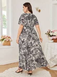 Modelyn Women Plus Size Elegant Retro Short Sleeve Round Neck Maxi Dress - Apricot - View 2