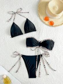 SHEIN Swim 3pcs/Set Women Bikini Swimsuit, Minimalist Striped Print Tie Front Bandeau Backless Design For Summer Beach Vacation - Multicolor - View 1