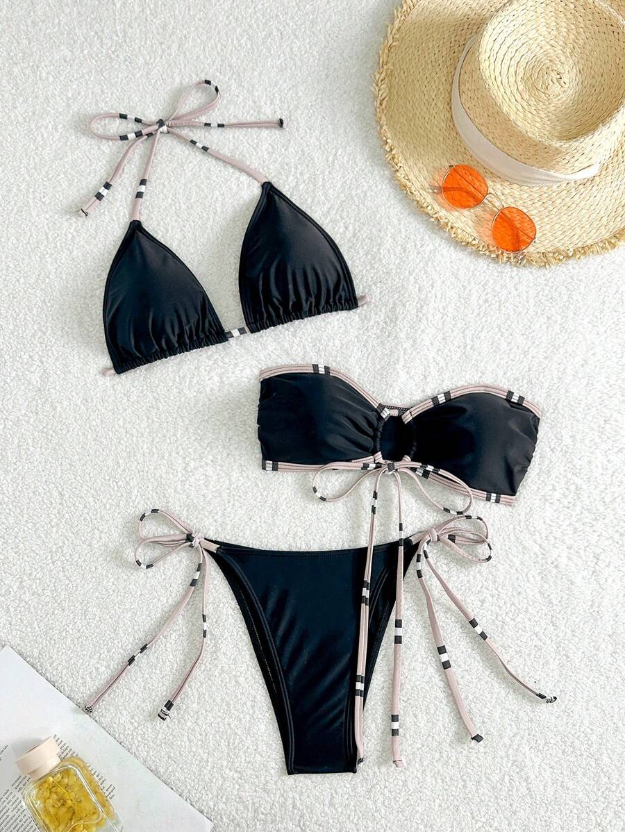 SHEIN Swim 3pcs/Set Women Bikini Swimsuit, Minimalist Striped Print Tie Front Bandeau Backless Design For Summer Beach Vacation - Multicolor - View 1