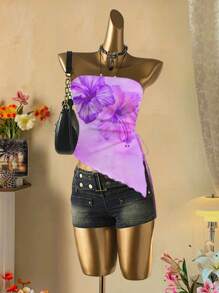 SHEIN MOD 休闲度假风格热带芙蓉橙扎染热带花卉印花性感女式不对称下摆抹胸上衣，适合夏季度假风格沙滩装