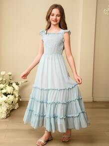 Vestido largo elegante de estilo princesa para niñas, sin mangas, con tirantes, de gasa esponjosa - Azul - Ver 3