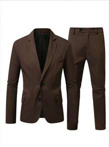 Calvornis Plus Size Men 2-Piece Solid Color Suit Set, Jacket And Pants - Mocha Brown - View 4