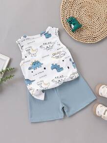 SHEIN Vintaside Kids Bộ áo thun không tay cổ tròn in hình khủng long hoạt hình mùa hè cho bé trai kèm quần short xanh trơn, phong cách sống động & dễ thương, thích hợp cho các chuyến phiêu lưu ngoài trời, thoải mái khi mặc ở nhà và tiệc tùng vui vẻ - Màu xanh lam - Xem 3