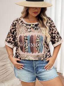 SHEIN CURVE+ Grand T-shirt femme avec imprimé léopard et motif lettres, courbe plus, style bohème vacances, T-shirt grande taille été, campagne, vacances à la plage, tenue de plage - Multicolore - Voir 5