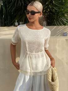 DAZY 女士纹理面料短袖宽松休闲都市风系带T恤 - 杏色 - 查看 2