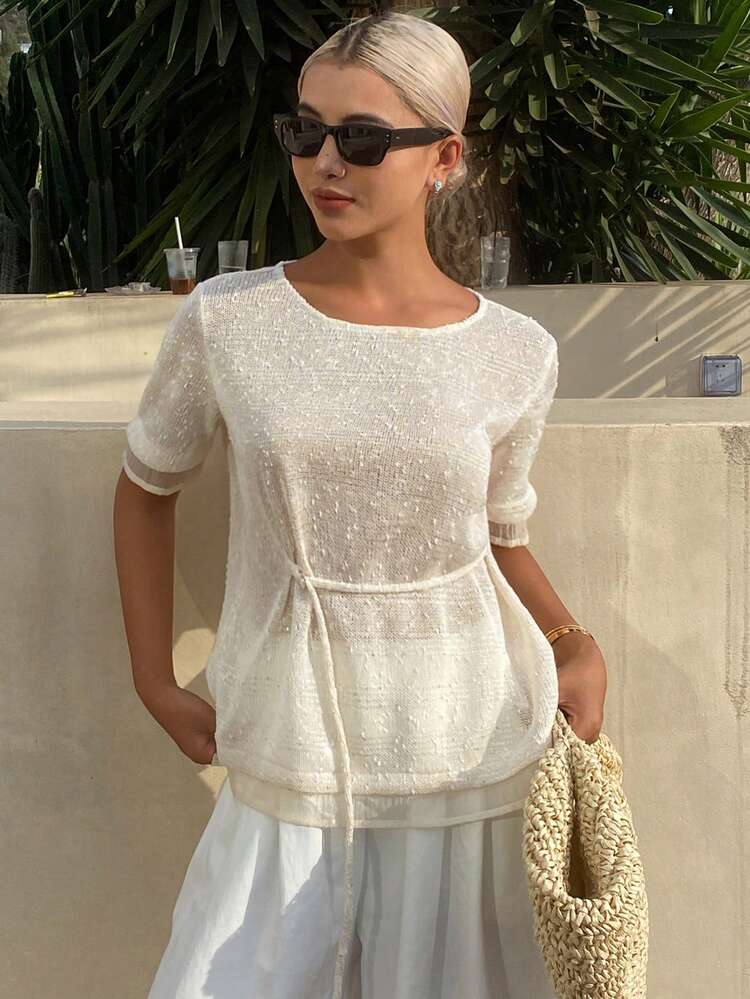 Women's Textured Fabric Short Sleeve Loose Casual Citywear T-Shirt With Tie Waist