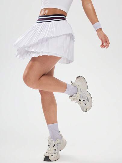 撞色条纹印花层叠百褶运动裙裤