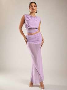 Silquee Women's Elegant Summer Pink And Purple See-Through Skirt With A Drop Neck And Off-Shoulder Top With Asymmetric Design, Pleated Two Pieces Suit, Suitable For Seaside Vacation And Graduation