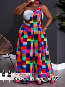 SHEIN CURVE+ 大码女式格子印花系带阔腿连体裤，休闲、甜美、外出、日常、浪漫女士沙滩装/沙滩裙/沙滩度假装/沙滩必备品/毕业/茶会礼服夏季/乡村/沙滩度假装/沙滩装/沙滩装