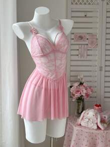 PetitDoll 1pc Women Contrast Lace Sexy Camisole Slip Babydoll Dress And G-String Set