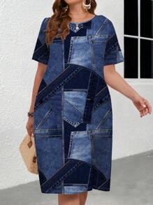 EMERY ROSE Plus Size Casual Minimalist Vintage Faux Denim Patchwork Printed Long Dress, Suitable For Summer,Sun Dresses For Women,Sundress Boho Suitable For Going Out Chic Dress - Blue - View 7