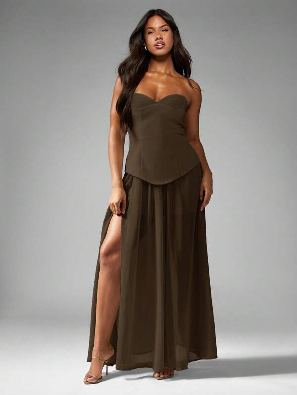 MISSGUIDED Elegant Strapless Sweetheart Evening Maxi Dress Flowing Chiffon Side Split Corset Style Bodice Special Occasion Floor Length Gown
