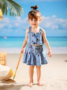 Young Girls Denim Two Pieces Outfits - Medium Wash - View 4