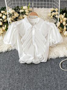 SHEIN Clasi 大码夏季蕾丝拼布高端时尚设计通勤纯色泡泡袖宽松衬衫 - 白色 - 查看 3