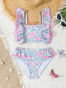 Conjunto de tankini y bikini con escote cuadrado, volantes y estampado floral para niñas preadolescentes - Rosa - Ver 1