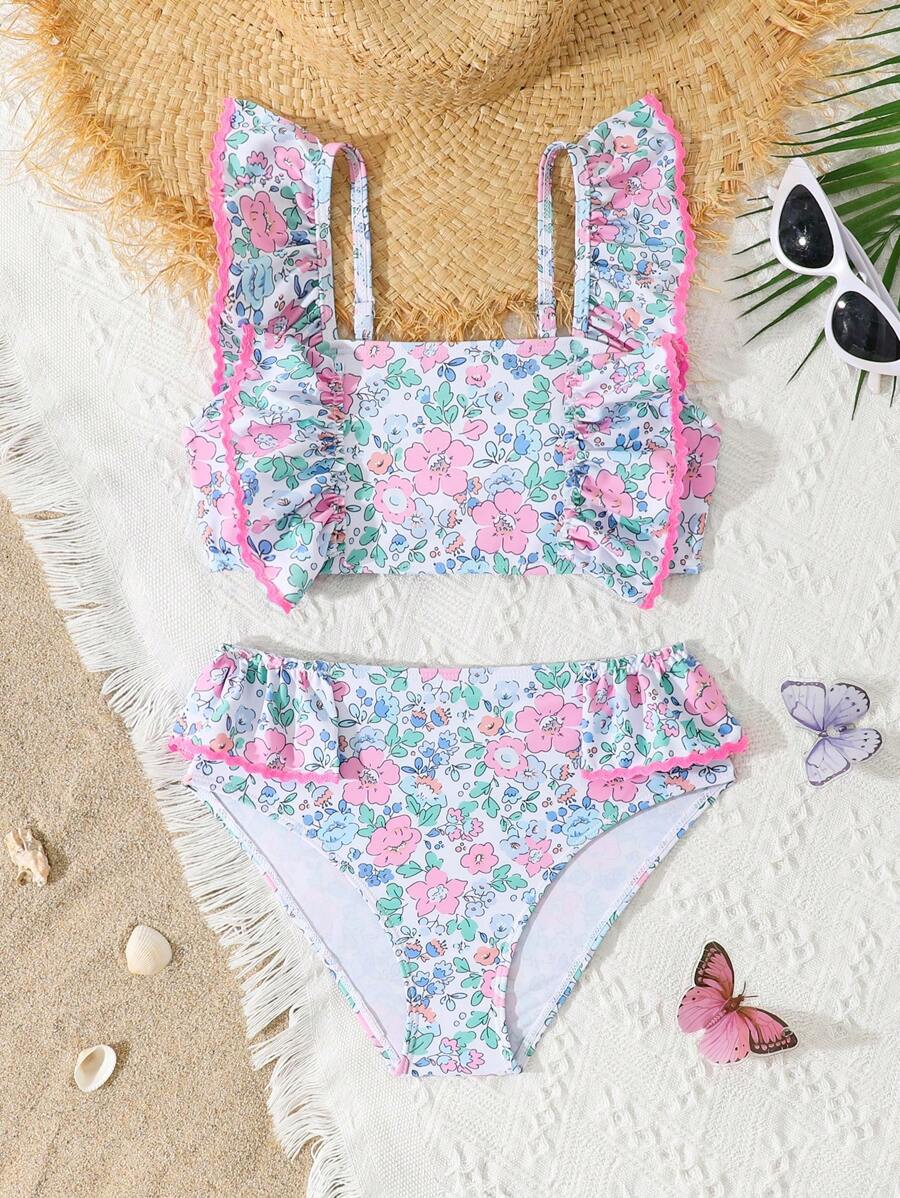 Conjunto de tankini y bikini con escote cuadrado, volantes y estampado floral para niñas preadolescentes - Rosa - Ver 1
