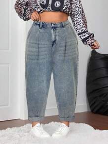 SHEIN CURVE+ Jeans casual a zampa con decorazioni sulle tasche, multifunzionali, per taglie forti