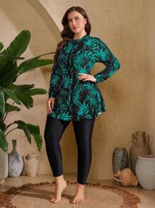 Swim Mulvari 2pcs Plus Size Women Floral & Colorful Leaf Random Print Long Sleeve & Long Pants Modest 2-Piece Tankini Swimsuit Set For Summer Beach Vacation - Green - View 1