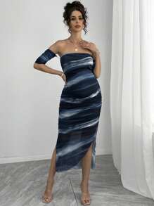 Momance Sukienka ciążowa z odkrytymi ramionami i siateczką - Granatowy - Zobacz 3