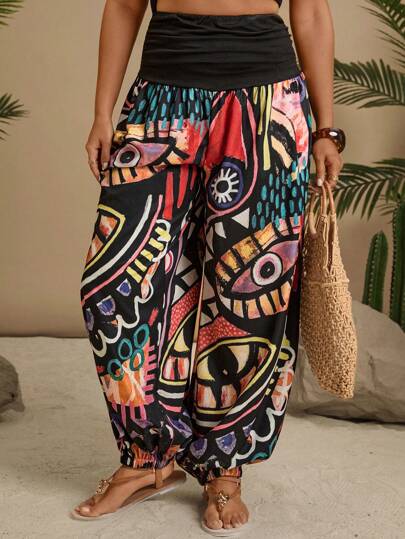 Travachic Plus Size Retro Print Loose Drawstring Ankle Pants Boho